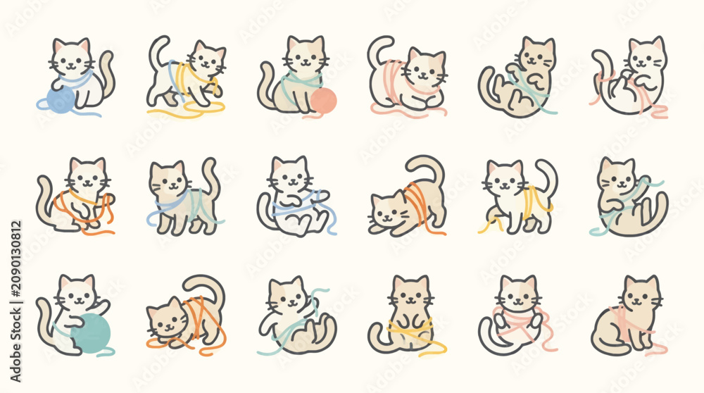 Obraz premium Cute Flat Vector Kittens Tangled in Colorful Yarn, Playful Cat Poses with Balls of Wool, Set of Graphic Icons on White Background, Adorable Animal Illustrations