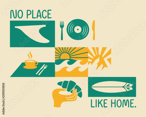 Sticker Minimalist retro surfing lifestyle poster with teal and mustard yellow flat icons of a surfboard fin, vinyl record, coffee, ocean waves, mountains, and hand with croissant on beige
