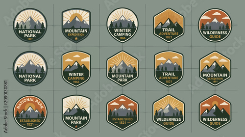 Bild auf Leinwand Collection of Twelve Stylized Mountain Badges and Emblems, Featuring National Pa