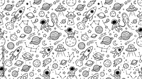 Space Rockets Pattern Seamless Background with Planets Stars Ufos Astronauts and Cartoon Doodle Elements for Print Design