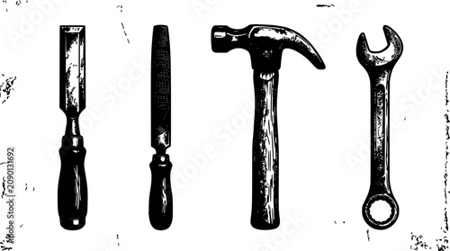 Tools Vector Icons Set Includes Hammer Wrench and Screwdriver with Rustic Distressed Texture on White Background