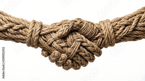Handshake formed from woven hemp rope symbolizes a strong partnership and business collaboration.