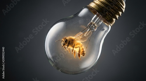 Honeybee trapped inside a glowing glass incandescent light bulb serves as a metaphor for nature and energy.