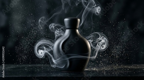 Perfume bottle stands elegantly against a dark backdrop while swirling white smoke surrounds the container.