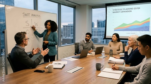 Analysts engage in a SWOT analysis meeting where a woman presents market expansion strategies to her team of diverse corporate colleagues in a modern office.