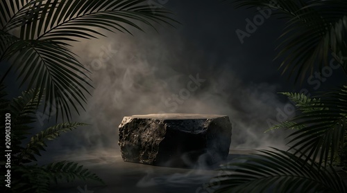 Rock platform stands centered between dark palm fronds and atmospheric vapor for a moody presentation.