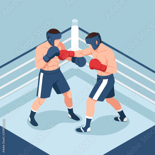 Fotografie Two boxers fighting in a professional boxing ring.