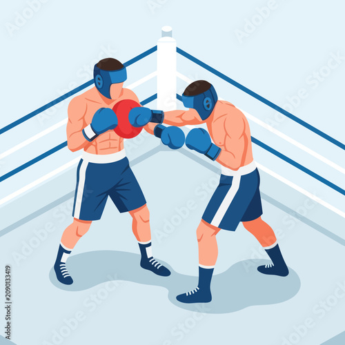 Fotografía Two boxers in a competitive match inside the ring.