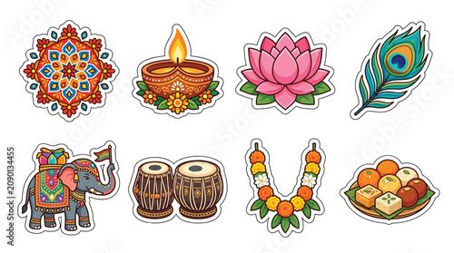 Set of colorful Indian festival stickers featuring traditional cultural elements and religious symbols.