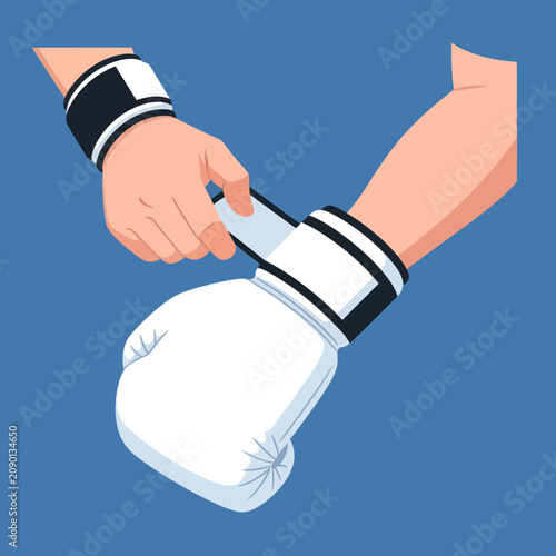 Obraz na plátně Boxing gloves being laced up by hands.
