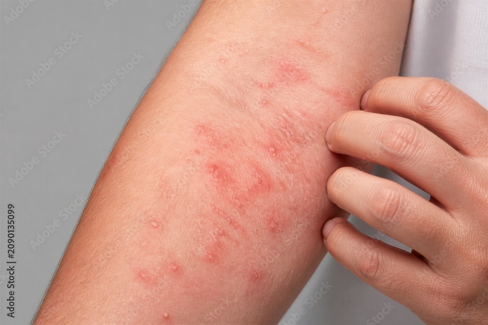 Fototapeta premium Arm with red rash being scratched against gray background
