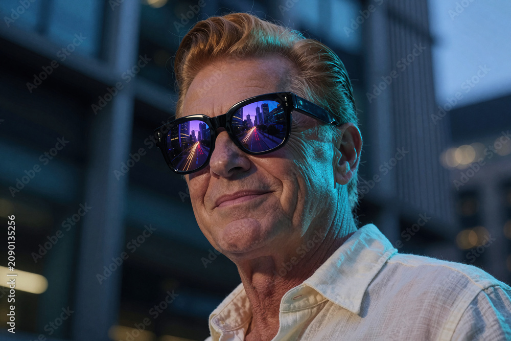 Fototapeta premium Man with reddish hair wears dark sunglasses reflecting urban street lights at dusk. Teal accent lighting illuminates his profile against a blurred cityscape background.
