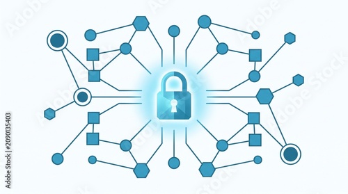 A digital representation of a secure network with a glowing lock at its center, symbolizing data protection and online safety