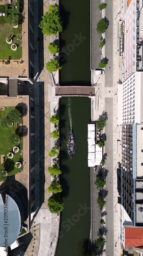 op-down drone view of Aveiro city river, urban streets and colorful boats