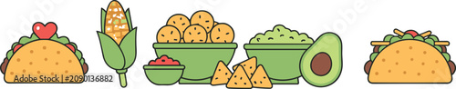 Foto Mexican Food Flat Vector Icon Set with Tacos Nachos Guacamole Avocado Salsa and