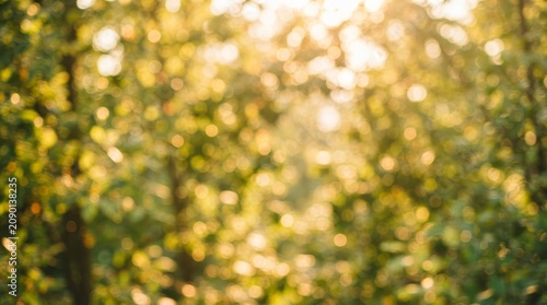 Golden bokeh light filtering through lush green leaves.
