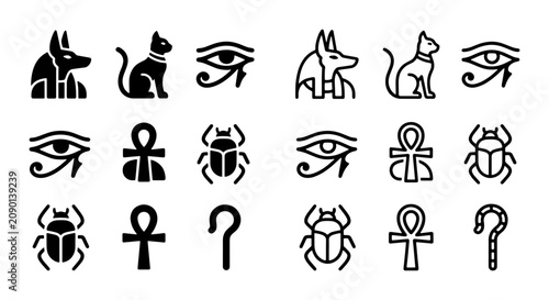 Tableau sur toile Ancient Egyptian icons set, black minimalist hieroglyph symbols including Anubis