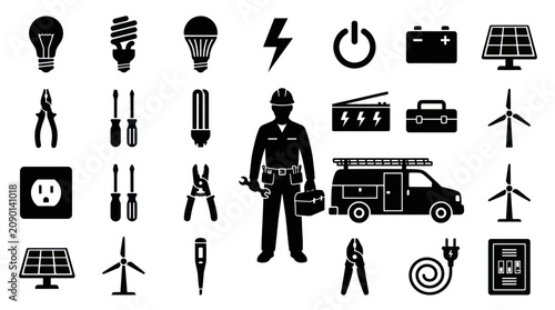 Renewable energy and electrical utility silhouette icon collection