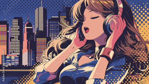 Plakat 明るい表情でマイクに向かって歌う女性歌手を描いたポップなアニメ風イラスト素材、音楽、ボーカル、シンガー、ライブ、ステージ、カラオケ、レコーディング、スタジオ、ヘッドホン、配信者、声優、アイドル、アーティスト、歌ってみた、若さ、夢、希望、笑顔、楽しい、感動、応援、人物、女性、上半身、アップ、かわいい、エンタメ、動画サムネイル、広告、バナー、ポスター、背景、挿絵、音楽活動、商用利用、素材集向け、汎用的