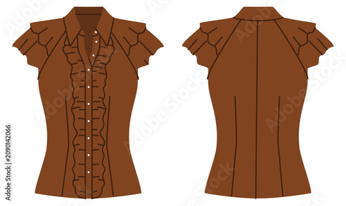Brown blouse with vertical ruffle detail, short sleeves and fitted silhouette with structured seams. Technical fashion illustration in flat color, front and back views, clothing design. Vector