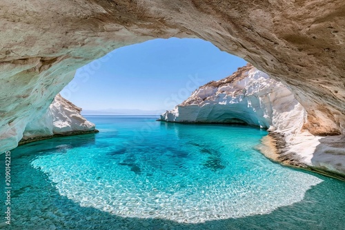 Summer travel and vacation destination clear turquoise water in a sea cave with white rock formations and blue sky