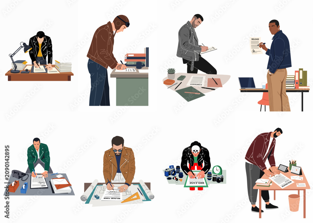 Fototapeta premium Set of diverse men in stylish leather jackets signing various business documents, contracts, and model releases in different office and creative workspace settings.
