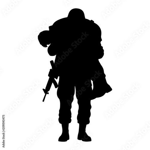 Silhouette of Soldier in Combat Gear with Rifle.