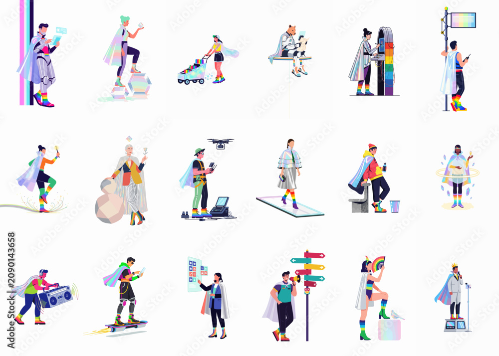 Fototapeta premium Collection of diverse futuristic LGBTQ+ characters in vibrant pride-themed outfits performing various activities, isolated on a white background.