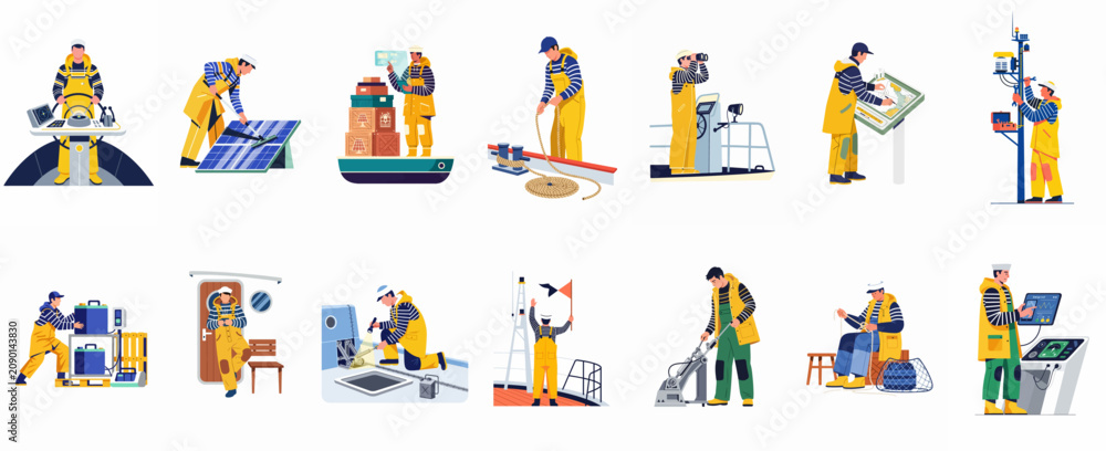 Fototapeta premium Flat vector illustration set of sailors and technicians performing various maritime, shipping, and offshore energy tasks on a vessel or platform.