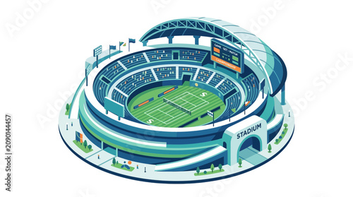 Isometric vector illustration of a modern sports stadium arena with tennis court and scoreboard