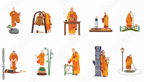 Schilderij op canvas Illustrative set of Buddhist monks in saffron robes engaged in traditional daily activities, rituals, meditation, and spiritual practices