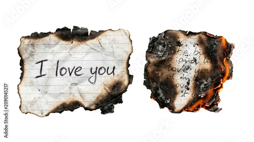 Burnt paper with love message and charred heart.