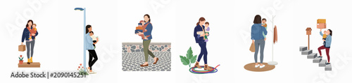 Set of flat illustrations showing a busy multitasking mother carrying her baby while performing daily tasks like shopping, moving, and walking outdoors.
