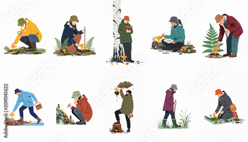 Canvastavla Flat illustration set of diverse people foraging, studying, measuring, and sketching wild mushrooms in a forest environment