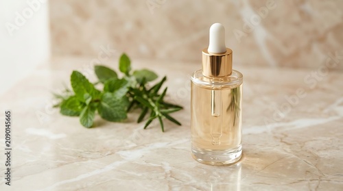 Glass bottle filled with golden essential oil rests beside fresh sprigs of rosemary and mint on a polished marble surface.