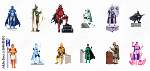 Obraz na płótnie Flat vector illustration set of twelve diverse characters in cosplay costumes ranging from medieval fantasy to futuristic sci-fi, ideal for expo and gaming themes