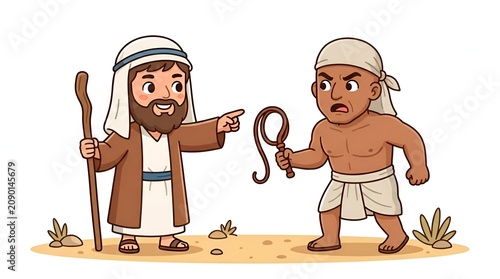 Cartoon illustration of Moses confronting an Egyptian taskmaster in the desert.