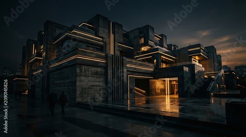 Modern brutalist building features geometric concrete structures illuminated by warm ambient lighting at night.