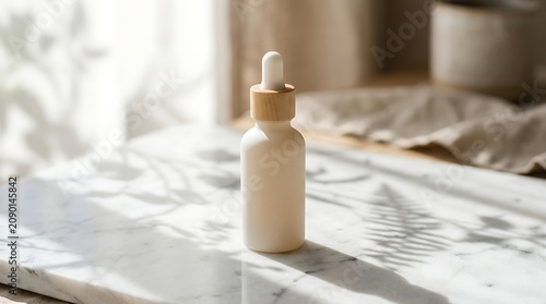 Cosmetic dropper bottle with a wooden cap rests on a white marble slab bathed in warm natural sunlight.
