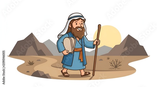 Cartoon illustration of Moses walking through the desert holding the Ten Commandments.
