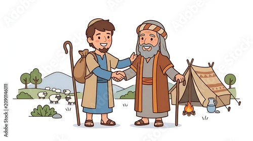Biblical illustration of two men meeting in a desert camp.