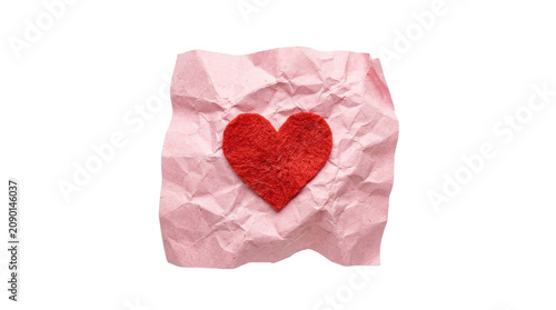 Crumpled pink paper with red heart symbol.
