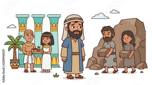 Cartoon illustration of biblical Joseph in Egypt with royalty and laborers.