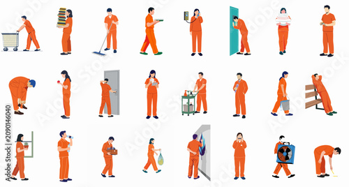 Quadro em tela Collection of diverse prisoners in orange jumpsuits performing daily activities and chores within a correctional facility, presented in a flat vector illustration style
