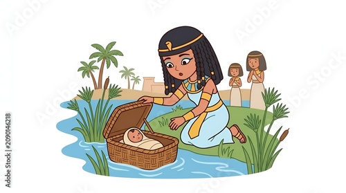 Cartoon illustration of an ancient Egyptian princess discovering a baby in a basket by the river Nile.