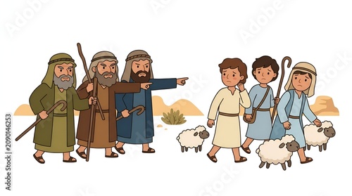 Illustration of biblical shepherds guiding young boys with sheep in a desert landscape.