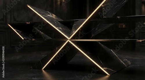 Table featuring a striking geometric marble base with integrated linear lighting creates a modern focal point in a dark minimalist room.