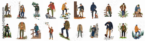 Obraz na plátně Collection of flat vector illustrations depicting men engaged in various outdoor activities, hiking, and exploring nature in different seasons and environments
