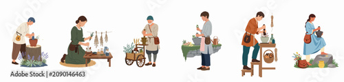 A collection of medieval herbalists and apothecaries processing various herbs and plants with mortars and pestles to create traditional natural remedies and medicines.