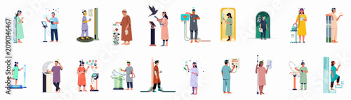 Set of Illustrations Depicting Futuristic Healthcare Technologies, Digital Medicine, and Patient Interaction with Advanced Medical Devices and Virtual Reality Interfaces.